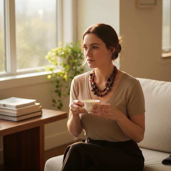 Vintage 1970s Acrylic Statement Necklace-Amber Brown Black Red-Hand Knotted-40'' - Picture 2 of 10